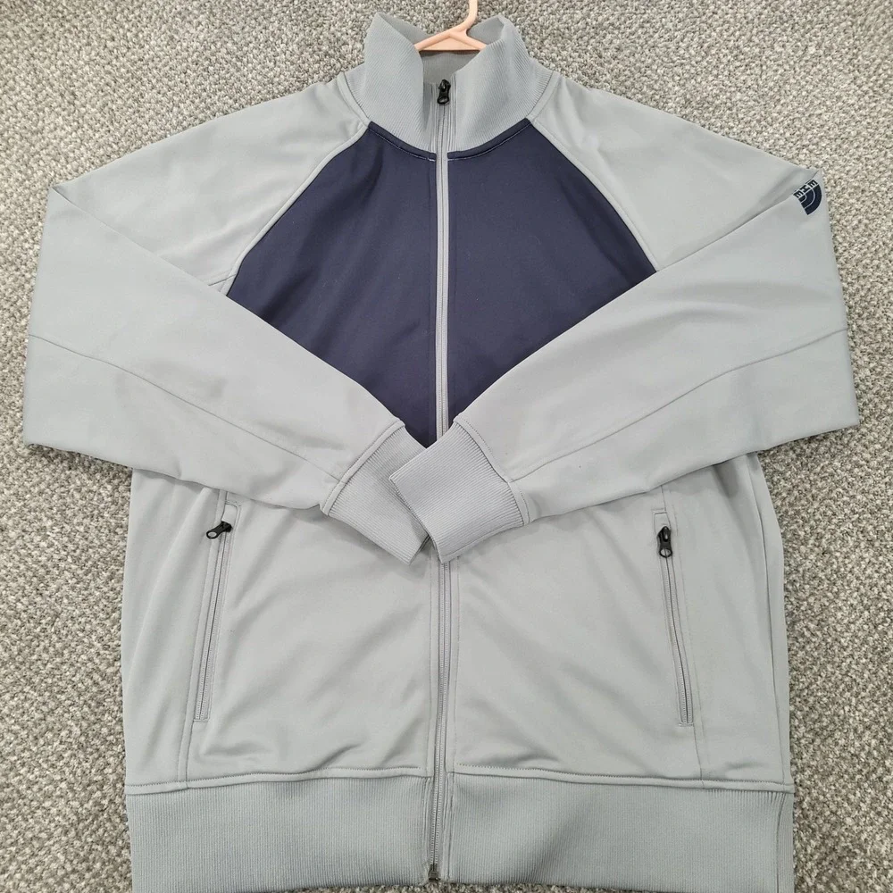 The North Face Mens Large Full Zip Track Jacket‎ Grey Navy Blue Mock Neck Active